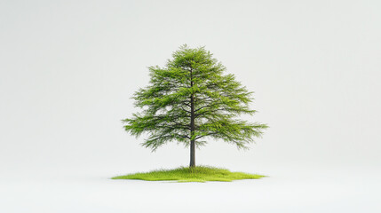 Obraz premium A solitary green tree stands on a small patch of grass against a plain white background