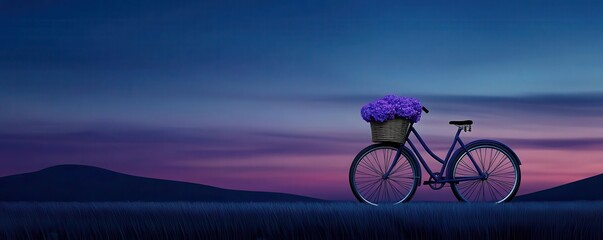 Naklejka premium Old bicycle with flowers in the basket, gentle sunset tones, vintage filters, conveying a message of kindness, ethereal abstract swirls, 3D illustration