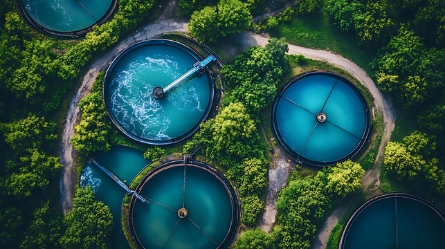 A sweeping aerial shot showcasing a large-scale wastewater treatment plant with multiple circular tanks. The tanks are filled with clear blue water