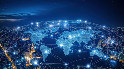 Obraz premium digital world map showcasing global connectivity and network interactions, illuminated by city lights at night, evokes sense of modern technology and interconnectivity