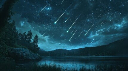 A time-lapse image of a meteor shower viewed from a countryside location, with meteors falling across a serene landscape