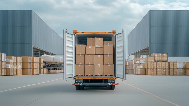 A cargo truck with the back open, showing many boxes of merchandise inside the vehicle, parked in front of the warehouse.
