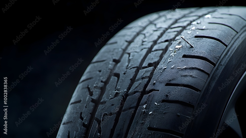 Aufkleber close up detailed view of a flat automobile tire with a visible bulge where a nail has punctured the