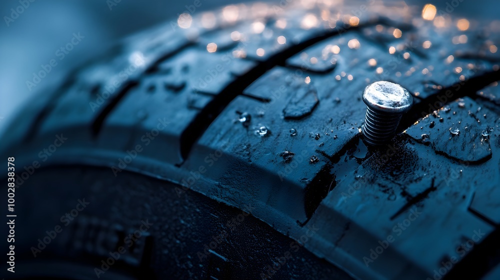 Poster close up detailed view of a metal nail head embedded in the dark rubber surface of a tire with the s