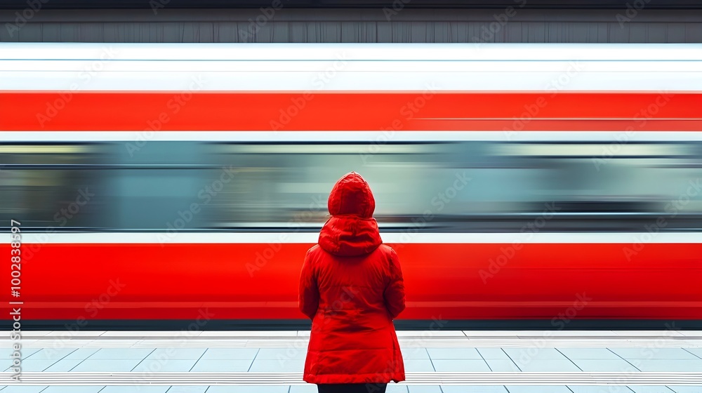 Poster close up image of a woman standing on a train platform with a blurred high speed train speeding past
