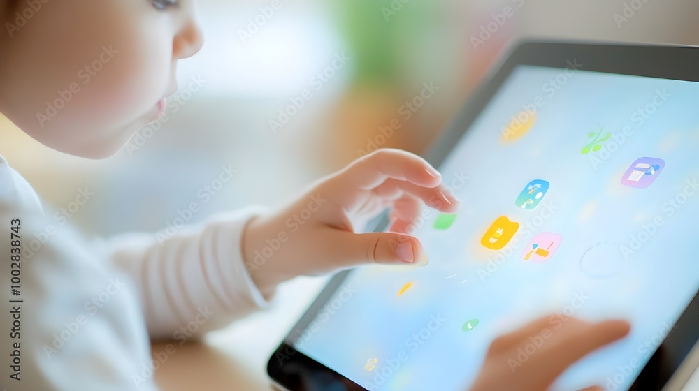 Poster Child s hand interacting with a touchscreen displaying an educational app designed specifically for children with autism promoting learning and development through a customized