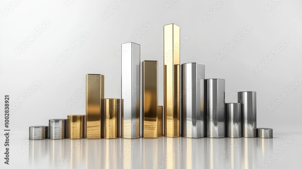 Poster a set of metallic 3d bar graphs in gold and silver colors, standing tall on a reflective surface, re