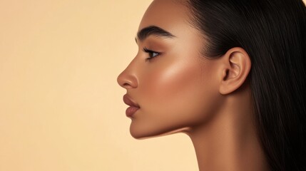 Naklejka premium A side profile of a woman with defined, dark eyebrows, highlighting the clean and symmetrical lines with a smooth, soft background to accentuate her features.