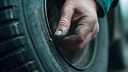 Close up of a mechanic s hand holding a nail that has been removed from a flat punctured tire in an automotive repair workshop  The damaged tire is visible in the background