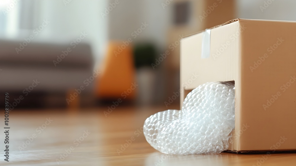 Poster Close up of a partially open moving box with bubble wrap and packing paper spilling out placed on a hardwood floor in a household setting