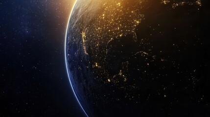 Naklejka premium A view of Earth surface showing the transition between day and night, with city lights appearing on the dark side