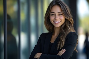 Fototapeta premium Confident and smiling business woman standing with arms crossed outside at work alone. Portrait of the face of one cheerful, joyful and proud female corporate professional with arms, Generative AI