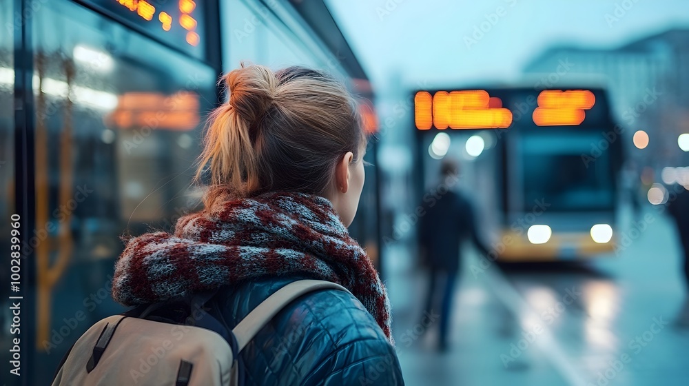 Poster close up of a woman boarding a bus her face half turned as the station s schedule board and other bu
