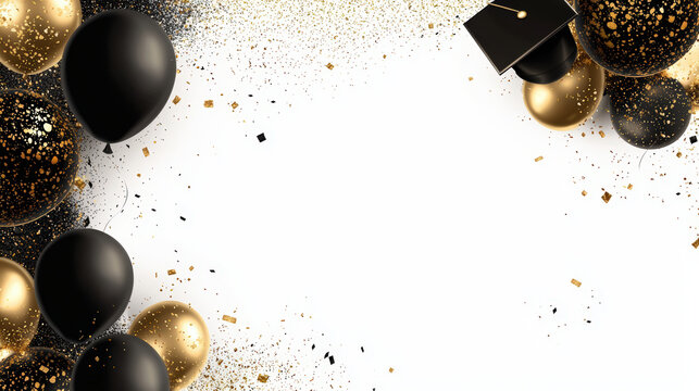Celebrate your achievements with this elegant black and gold graduation background featuring balloons and confetti. Perfect for invitations or announcements!