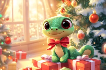 A green snake sits on Christmas gift boxes against a backdrop of snow-covered buildings under a soft winter sky.