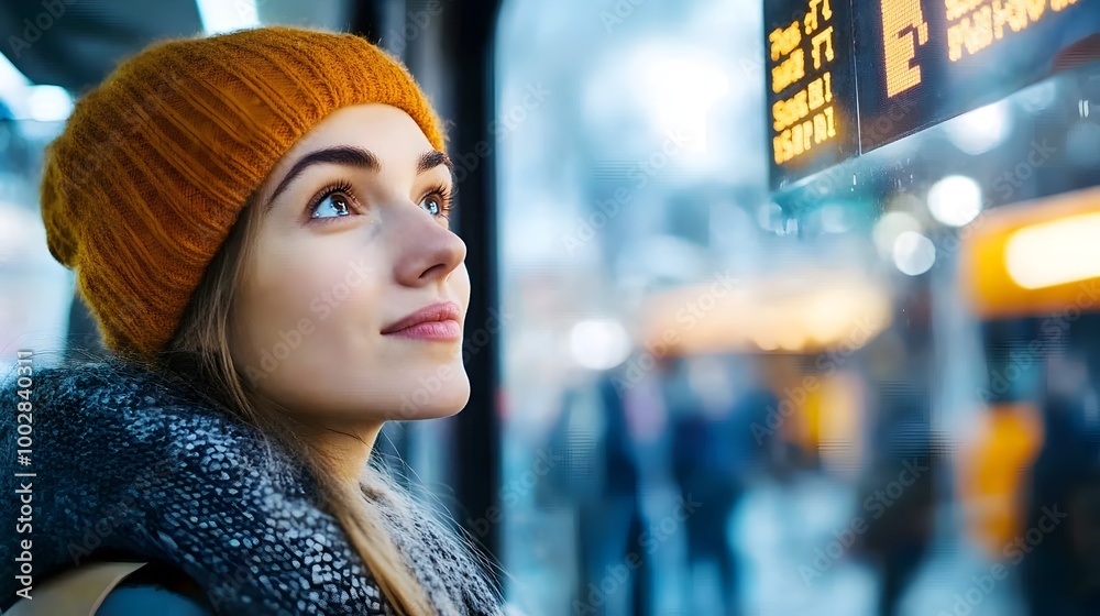 Poster close up of a woman s face as she intently looks at the arrivals board in a crowded modern bus termi