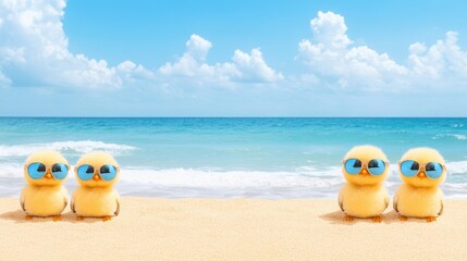 Seagulls stylishly relaxing on the beach in sunglasses, enjoying a sunny day by the ocean with a cheerful atmosphere