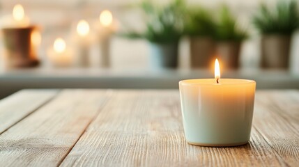 Candle flame on wooden table, cozy and calming atmosphere with plants in background.