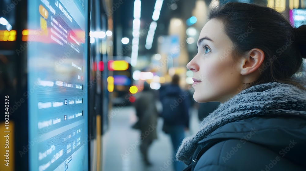 Poster Close up of a woman s face as she looks intently at the arrivals display board in a crowded bus terminal with blurred buses and people visible in the background