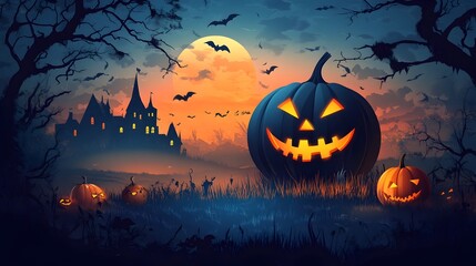 Spooky Halloween backdrop featuring a haunted castle glowing pumpkins and a dramatic moonlit sky filled with bats  This festive scene sets the stage for a night of trick or treating costume parties
