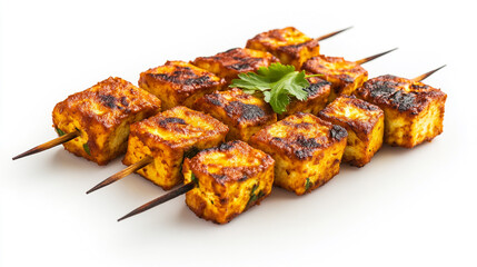 Grilled paneer skewers on wooden sticks garnished with fresh herbs ready to serve