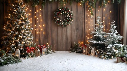 Cozy and charming winter wonderland scene featuring a snow covered Christmas tree twinkling string lights a festive wreath and other rustic holiday a warm and inviting seasonal backdrop for