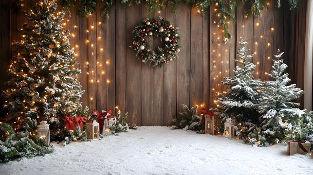 Cozy and charming winter wonderland scene featuring a snow covered Christmas tree twinkling string lights a festive wreath and other rustic holiday a warm and inviting seasonal backdrop for