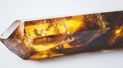 Golden amber crystal with natural inclusions illuminated in soft light
