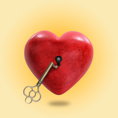 Heart with keyhole and key on golden gradient background