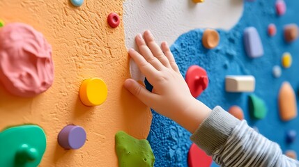 Close up of a young child s hand reaching out to explore and interact with a vibrant multi textured sensory wall filled with various shapes patterns