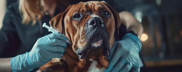 Obraz premium a dog receiving a vaccination injection at the back of the neck detailed light patterns sharp focus ultra-detailed hyper-realistic photorealistic finish