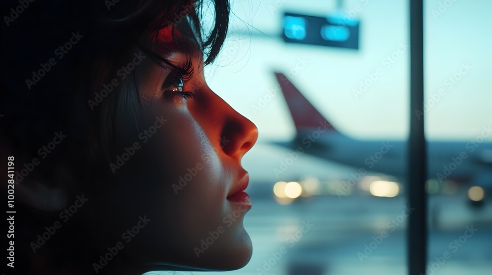 Poster close up portrait of a contemplative woman s face illuminated by the soft glow of a departure screen