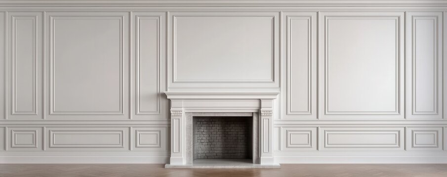 Elegant white wall with decorative molding and fireplace.