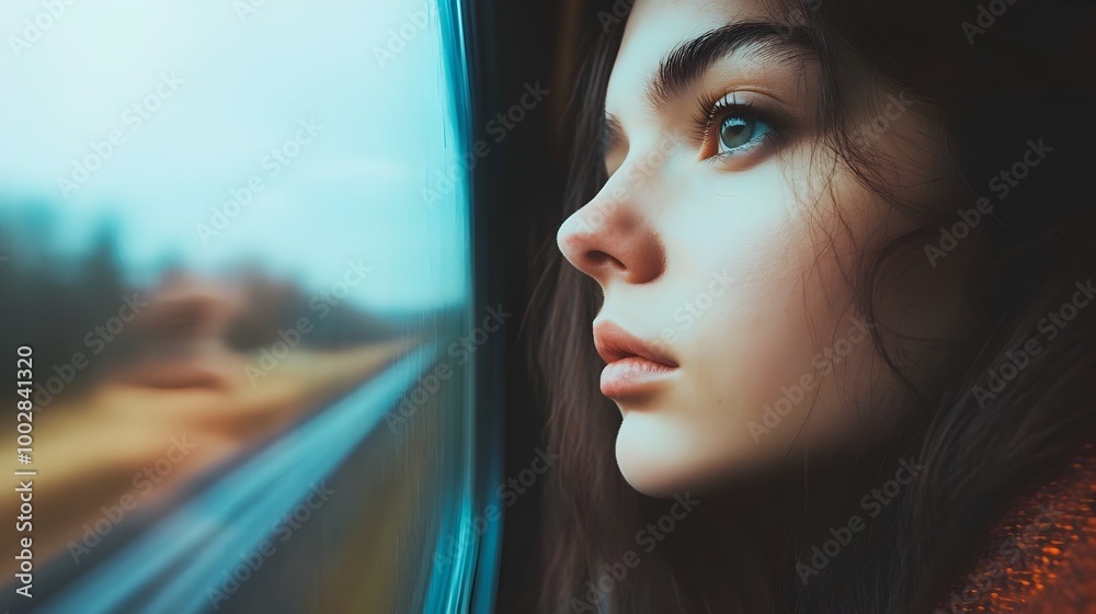 Aufkleber close up portrait of a woman s thoughtful contemplative expression as she looks out of a train windo