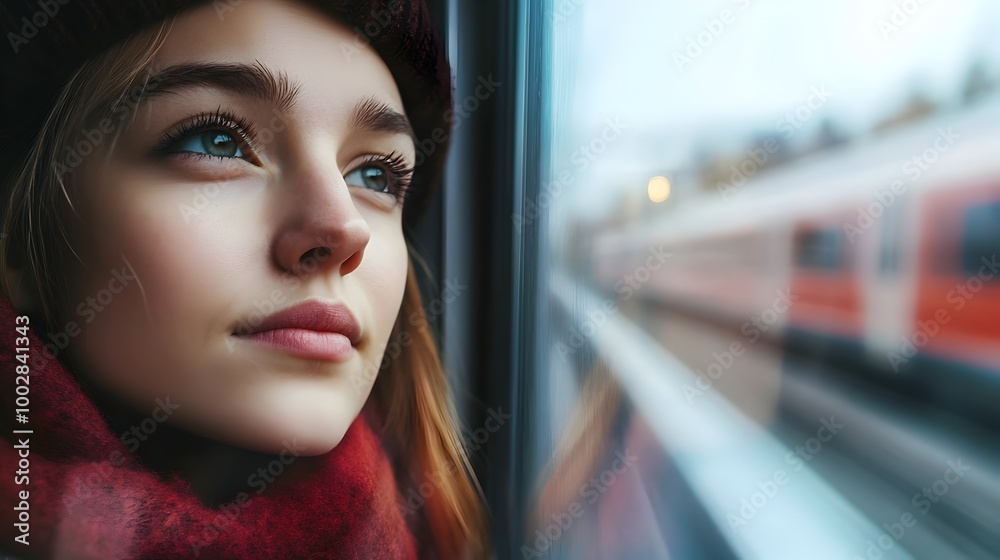 Poster Close up portrait of a woman s thoughtful expression as she gazes out of a train window the blurred scenery rushing by outside providing ample visual space for text or design elements