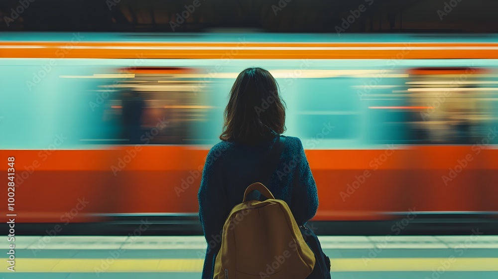 Aufkleber close up portrait of a woman standing alone on a train platform with a blurred high speed train pass