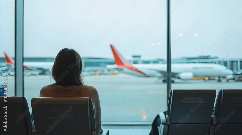 Poster close up portrait of a woman waiting at an airport gate with the runway and parked planes visible th