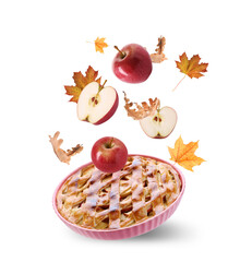Autumn cake, apples and orange leaves in air on white background