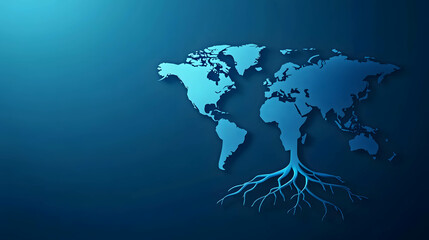 Naklejka premium A tree with roots spreading across a world map and branches extending to different countries, representing investment distribution. diversification and portfolio management.