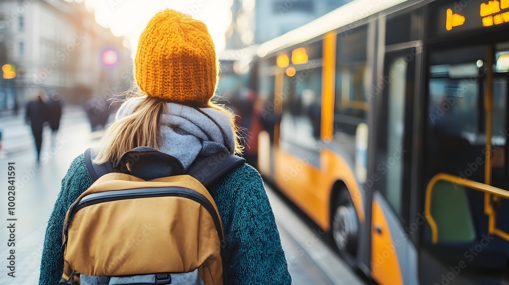 Aufkleber close up shot from behind of a woman stepping onto a bus at a modern clean station platform with amp