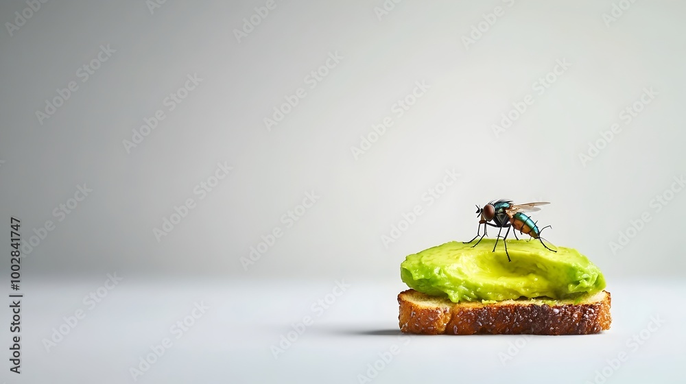 Poster close up shot of a fly perched on a slice of avocado toast captured in a minimalist style with soft 