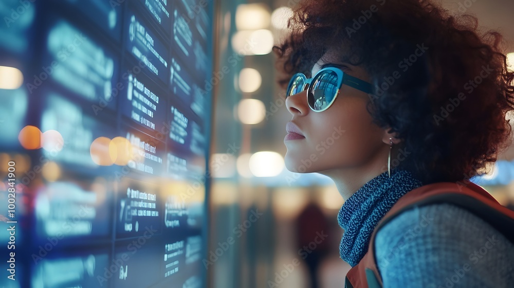 Poster close up shot of a woman s head and shoulders as she checks the flight schedule at a modern clean ai
