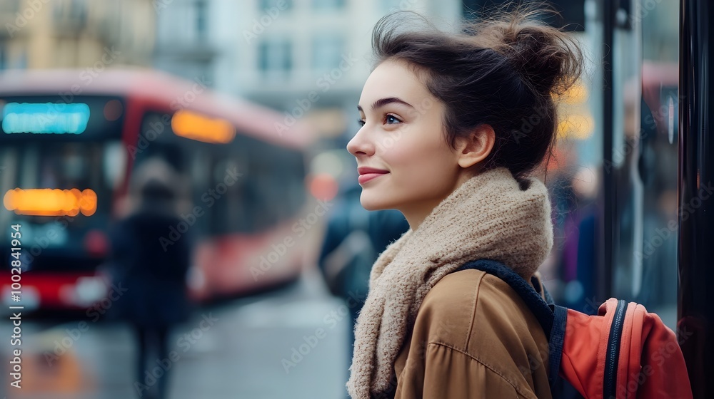 Poster Close up side profile of a woman standing near a bus stop sign with buses and passengers moving in the modern clean urban background providing ample space for text overlay