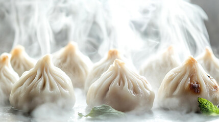 Obraz premium Steaming dumplings served with aromatic herbs viewed in a cozy kitchen setting