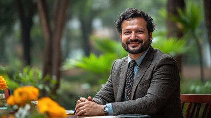 Fototapeta premium A man dressed in a stylish suit sits at a table with vibrant flowers, smiling warmly in a sunlit garden surrounded by greenery