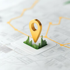 Fototapeta premium Pin icon placed on a map surrounded by houses and tall buildings, symbolizing a prime location for investment, investing in real estate, generating returns from investing.
