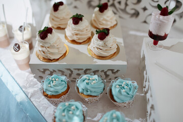 A table with a variety of desserts including cupcakes and a blue frosted cupcake. The table is set up for a party or gathering