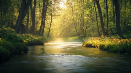 The clear spring river glides smoothly beneath towering trees, surrounded by colorful wildflowers. Soft sunlight filters through the dense foliage, creating a peaceful atmosphere