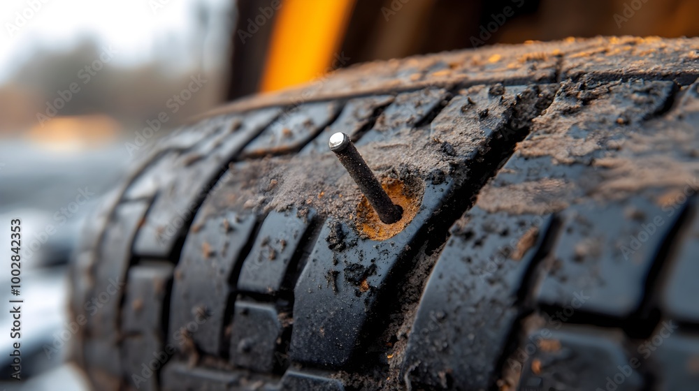 Poster close up view of a heavily worn and damaged tire tread with a nail sticking out highlighting the nee