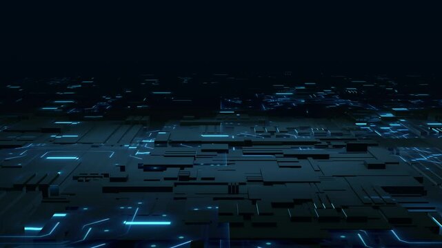 Futuristic circuit board texture, digital technology illustration, abstract animation of high-tech background, spaceship surface texture or cyberpunk city, science fiction game background. 